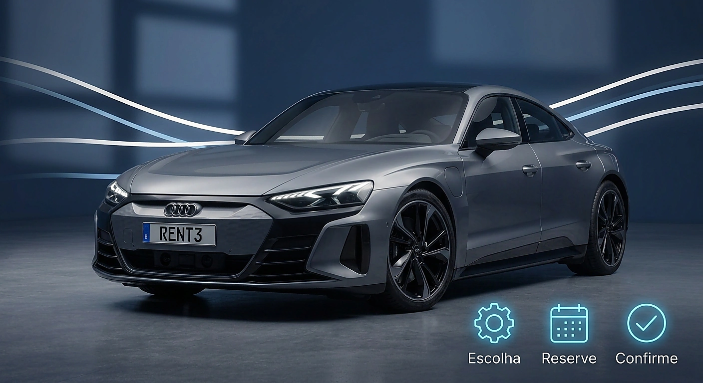 Carro prateado com as etapas Escolha, Reserve e Confirme